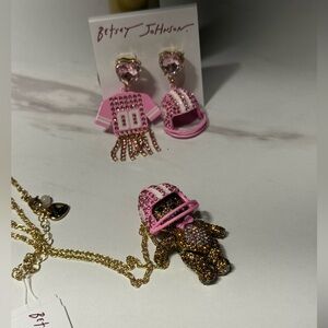 Betsey Johnson NWT Pink Gold Bear Jewelry Set Football Lover with Velvet Pouch